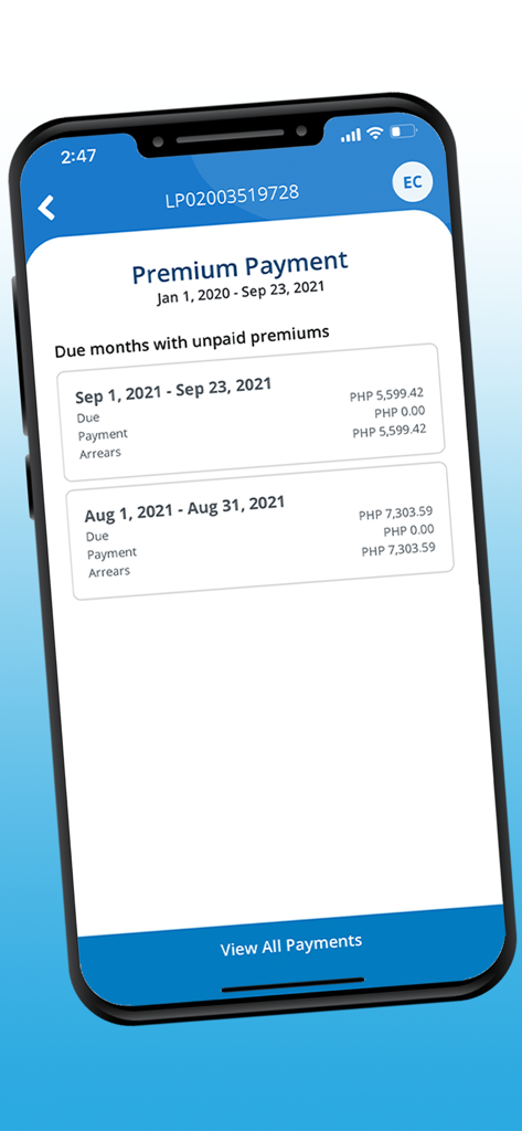 GSIS Touch - Pantalla de la aplicación GSIS Touch que muestra pagos de primas pendientes y detalles de facturación.