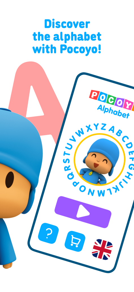 Menú principal de la app Pocoyó Alfabeto ABC con Pocoyó y una rueda interactiva del abecedario