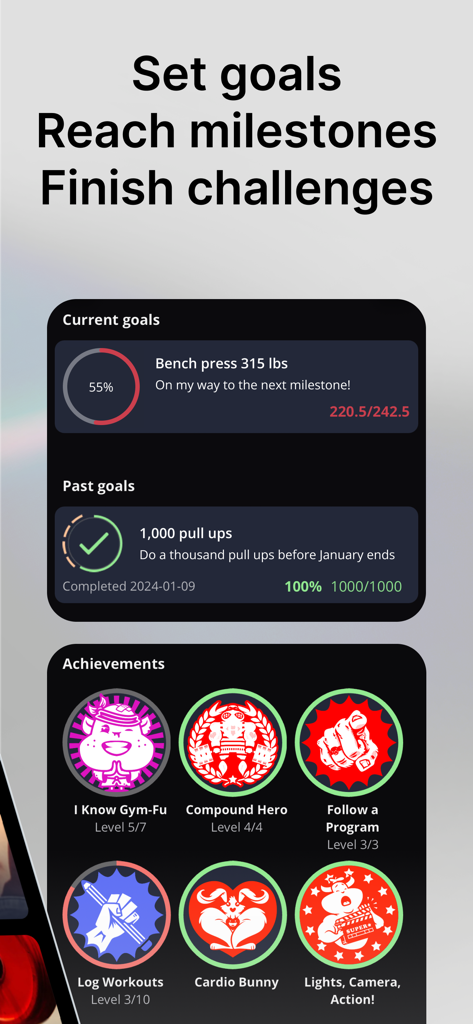 StrengthLog – Workout Tracker - Interfaccia dell'app StrengthLog che mostra obiettivi di fitness, traguardi completati e badge di successo per il progresso dell'allenamento di forza.
