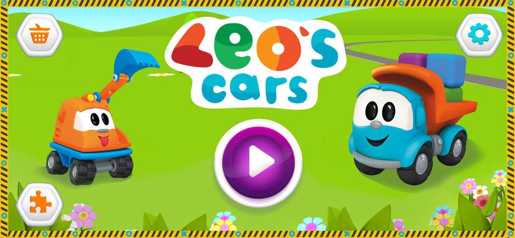 Main menu screen of Leo the Truck and Cars Game app with Leo the truck and Skoop the excavator