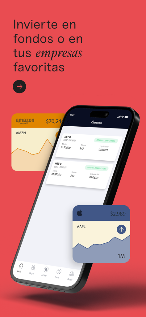 Interface da aplicação móvel Hey Banco para investir em ações e fundos