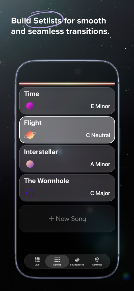 AeroPads - Pads & Soundscapes - Vista Scaletta dell'app AeroPads che mostra titoli di canzoni e tonalità musicali per transizioni fluide durante le performance dal vivo.