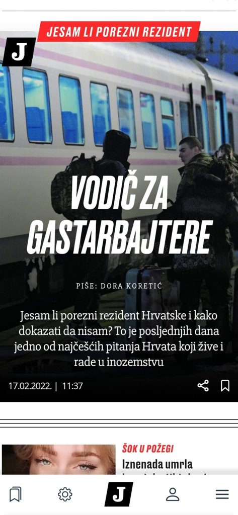 A news article in the Jutarnji list app featuring a guide for Croatians living and working abroad.