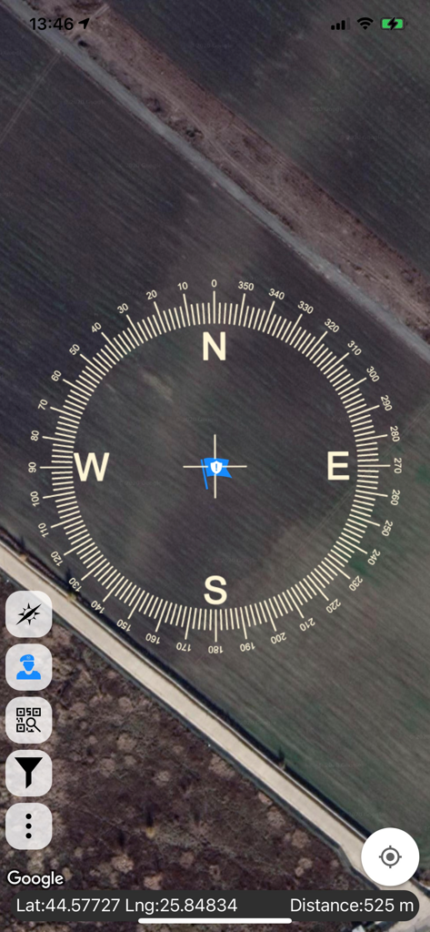 Ares Alpha tactical navigation interface featuring a satellite map with a compass overlay and objective marker.
