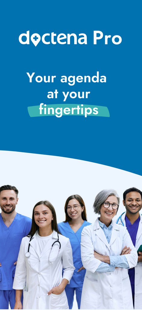 A group of diverse smiling medical professionals under the Doctena Pro logo and tagline Your agenda at your fingertips
