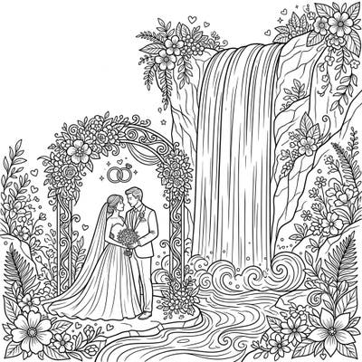 Immerse yourself in a romantic natural setting with this stunning wedding waterfall coloring page. Featuring a loving couple beneath a floral arch and a dramatic plunge waterfall, it's perfect for celebrating love and nature.