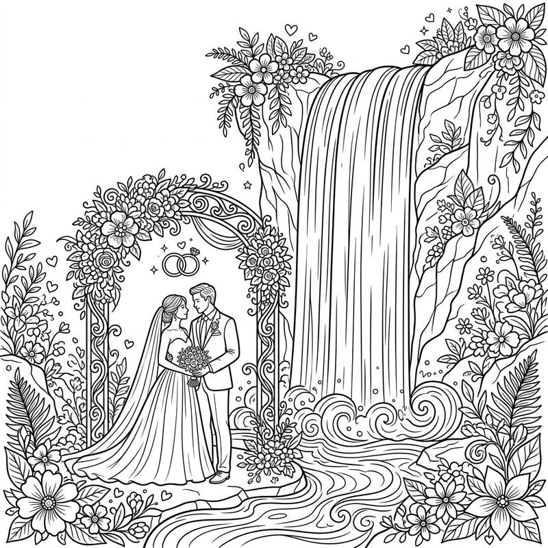Immerse yourself in a romantic natural setting with this stunning wedding waterfall coloring page. Featuring a loving couple beneath a floral arch and a dramatic plunge waterfall, it's perfect for celebrating love and nature.