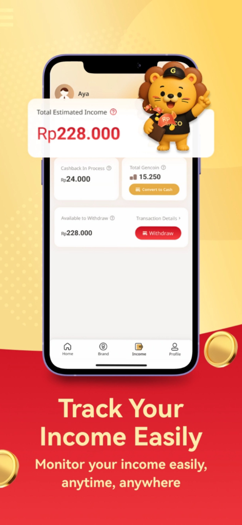 Genco - Genco mobile app dashboard showing total estimated income and options to withdraw cashback rewards.