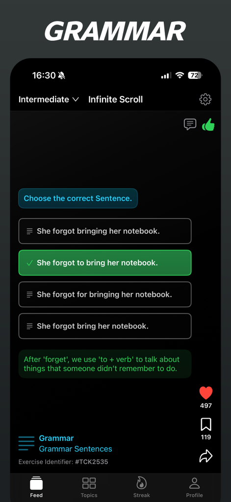 Un esercizio di grammatica a scelta multipla sull'app Cambridge English Shorts che mostra una frase corretta e la sua spiegazione