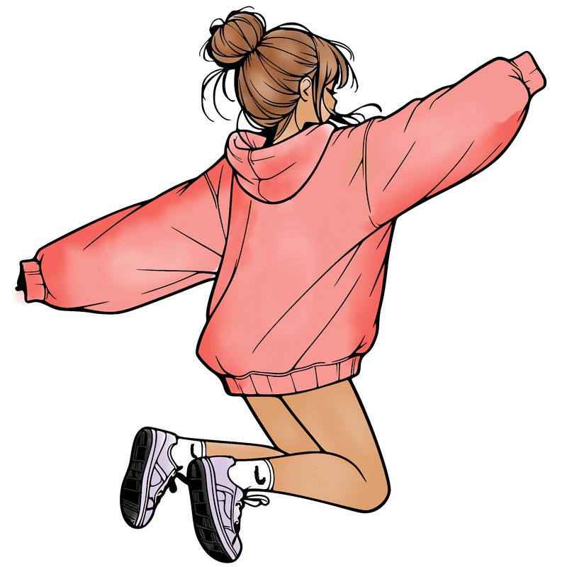 realistic girl jumping with a bun and oversized sweatshirt