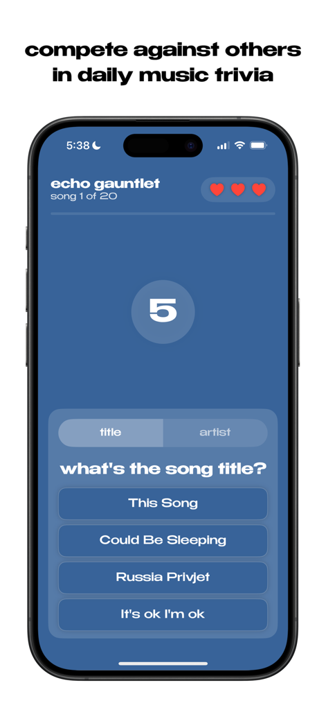 echo: share music - Echo Gauntlet daily music trivia game screen in the Echo app