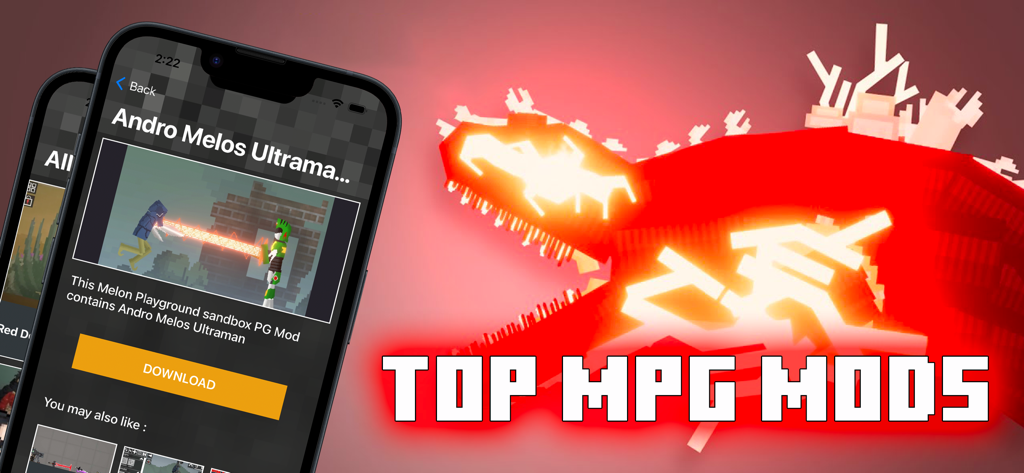 A mobile app interface displaying a top mods category for Melon Playground with an Ultraman addon