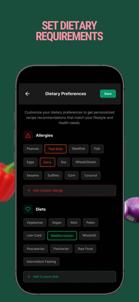 Crumb: Kitchen Recipes & Meals - Smartphone screen showing the Crumb app's dietary preferences menu with sections for selecting food allergies and specific diets.