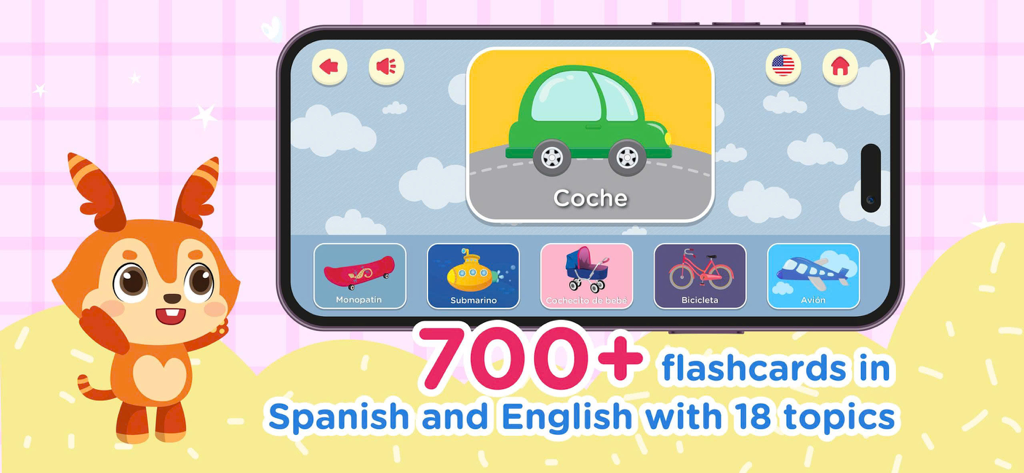 Spanish & English for Kids - Bilingual learning app interface showing transport flashcards for kids