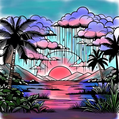 realistic sunset and monsoon rain