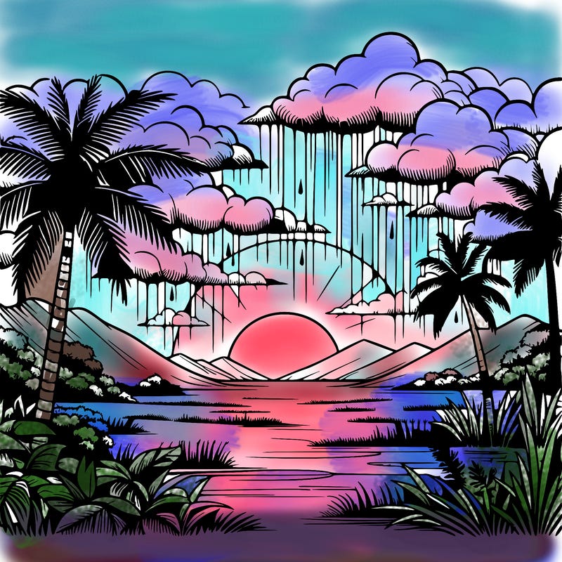 realistic sunset and monsoon rain