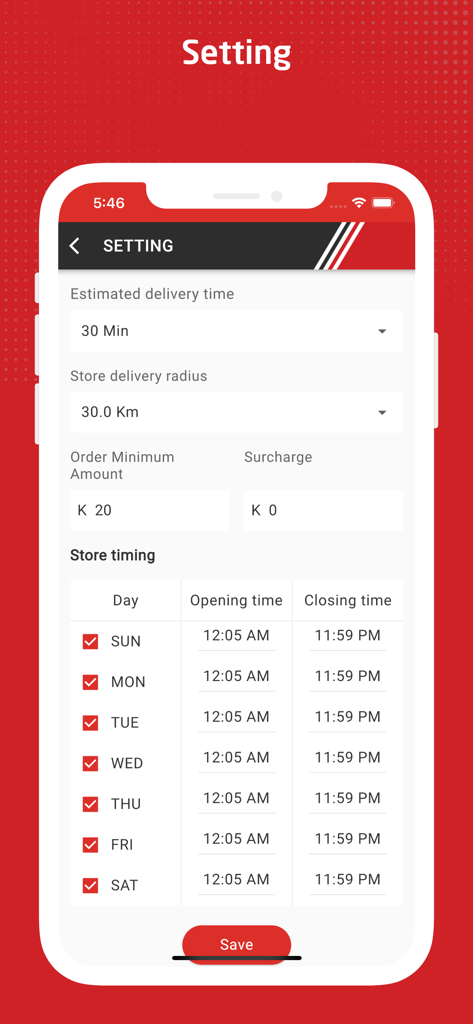 GoFood (PNG) Shop - GoFood PNG Shopアプリのストア設定画面。配達範囲と営業時間などが表示されています。
