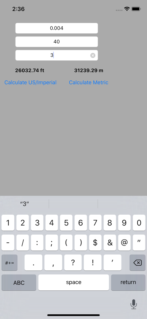 Any Roll Length - Interface do aplicativo Any Roll Length mostrando entradas de espessura de material e diâmetro com resultados de comprimento calculados