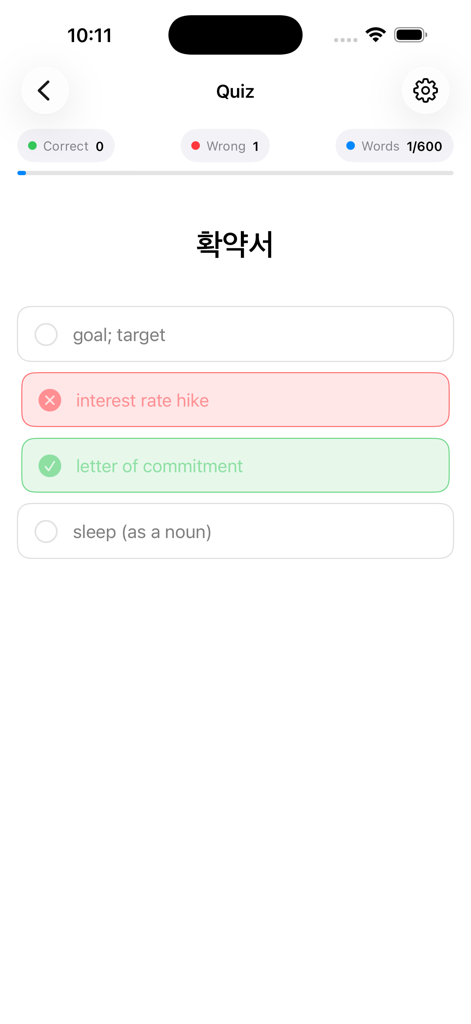 Interface of the TOPIK app showing a Korean vocabulary quiz question with multiple choice answers and feedback