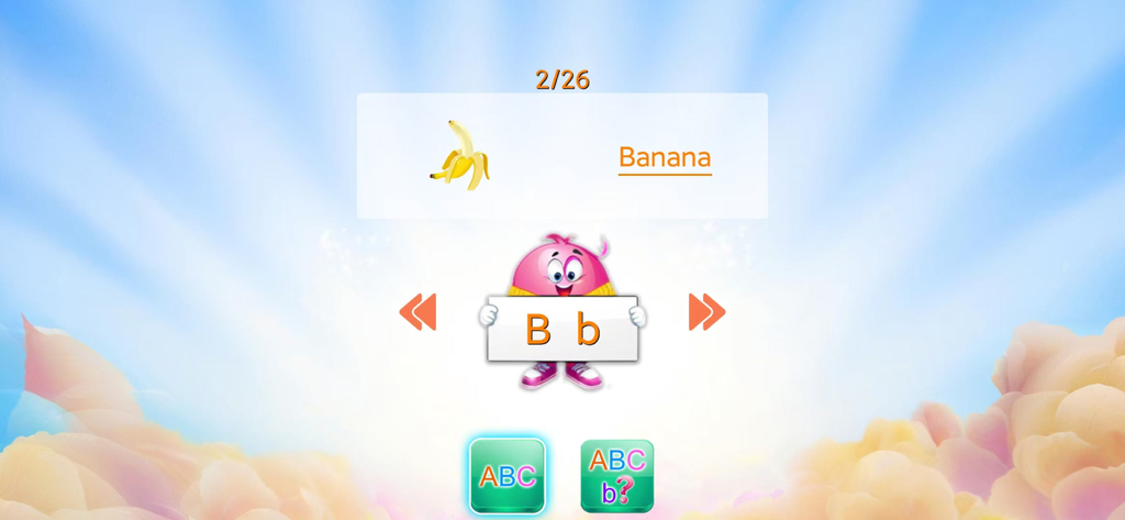 Fun games -Learn with Fun - Bildschirm eines Lernspiels für Vorschulkinder, der den Buchstaben B mit einer Bananenillustration und einer Figur zeigt