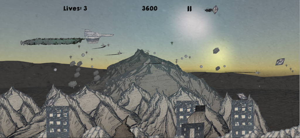 Gráficos de tinta dibujados a mano de una nave espacial volando sobre montañas en Weltraum Tinte