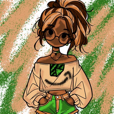 girl with a messy ponytail glasses a baggy crop top and jean shorts