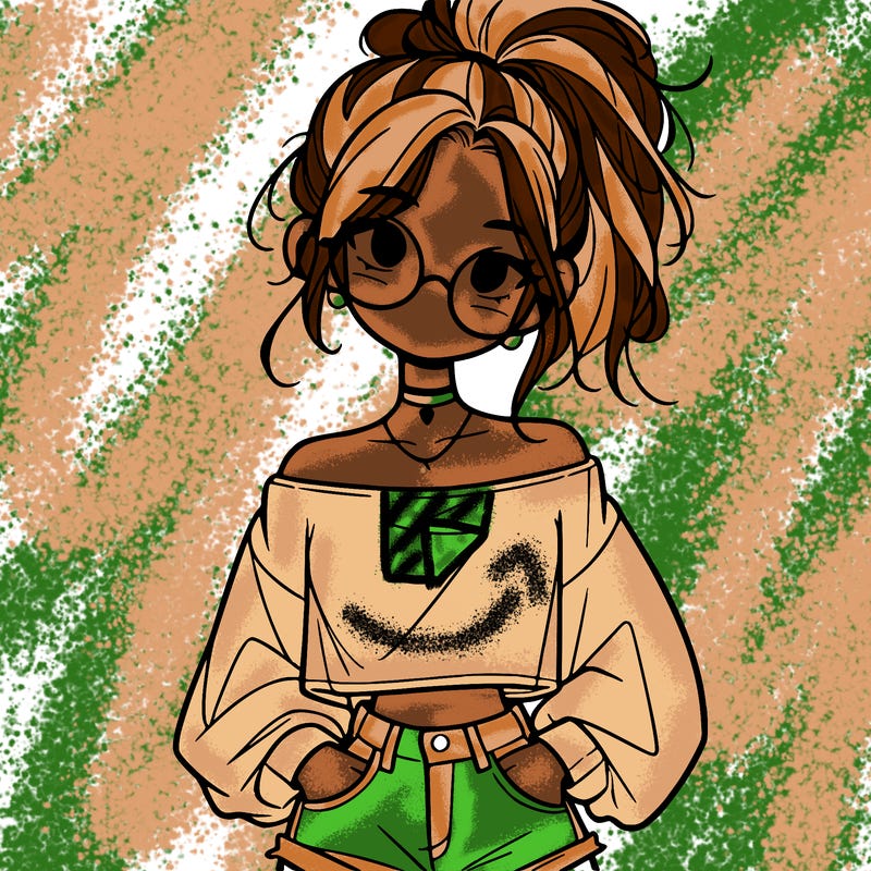 girl with a messy ponytail glasses a baggy crop top and jean shorts