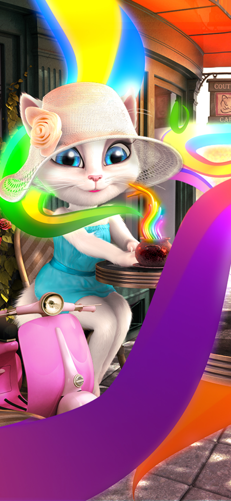 Talking Angela - Talking Angela sitting at a Parisian cafe next to a pink scooter and wearing a sun hat.