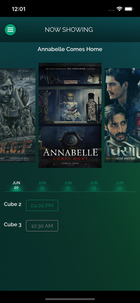 FCube Cinemas - FCube Cinemas app showing movie posters and showtimes for Annabelle Comes Home in Kathmandu