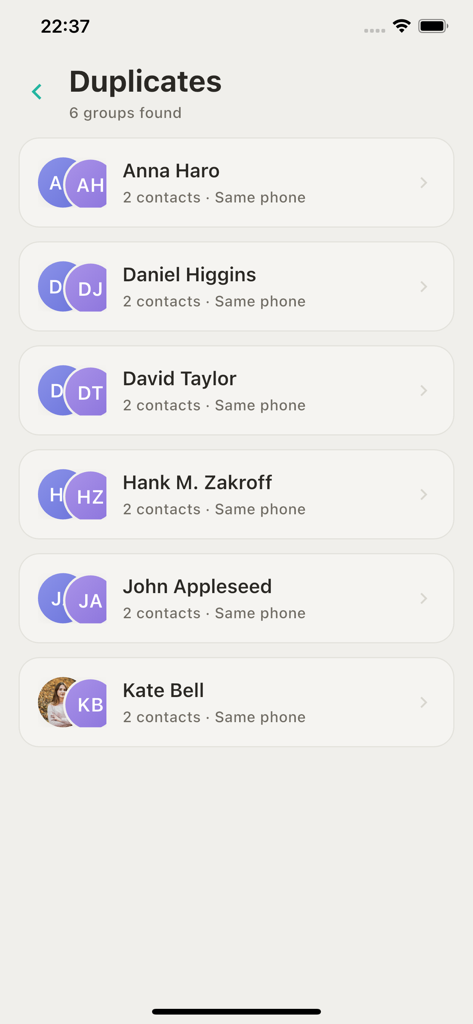 Tidy - Contacts Manager - A mobile interface displaying a list of duplicate contacts grouped by name and phone number within the Tidy app.