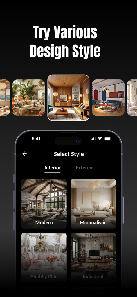 Selection of interior design styles in the Home Designer AI app