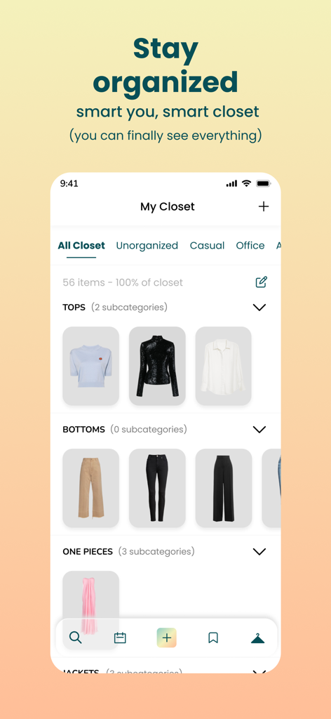 Outfit Maker - Pronti AI - A digital wardrobe organizer showing tops and bottoms in the Pronti AI app