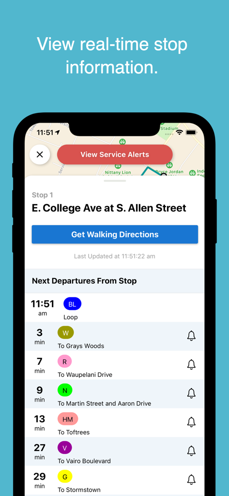 Uma interface de smartphone mostrando horários de partida de ônibus em tempo real e direções de caminhada para uma parada específica no aplicativo myStop Mobile.