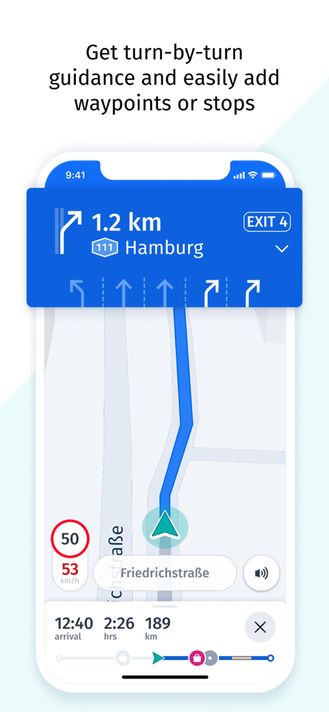 HERE WeGo app interface showing turn-by-turn driving navigation with waypoints and estimated arrival time