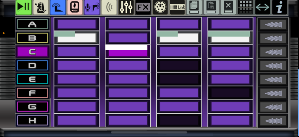 Hauptoberfläche der LooP Dup Musik-App, die Clip-Reihen und Performance-Icons zeigt