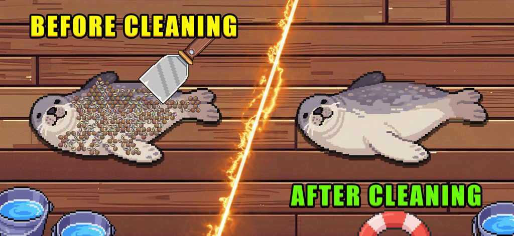 Scale the Depths - A split screen showing a seal before and after being cleaned in the Scale the Depths mobile game.