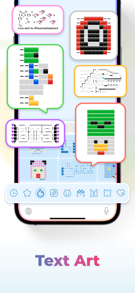 A variety of colorful text art and pixelated character designs displayed on a mobile keyboard screen.