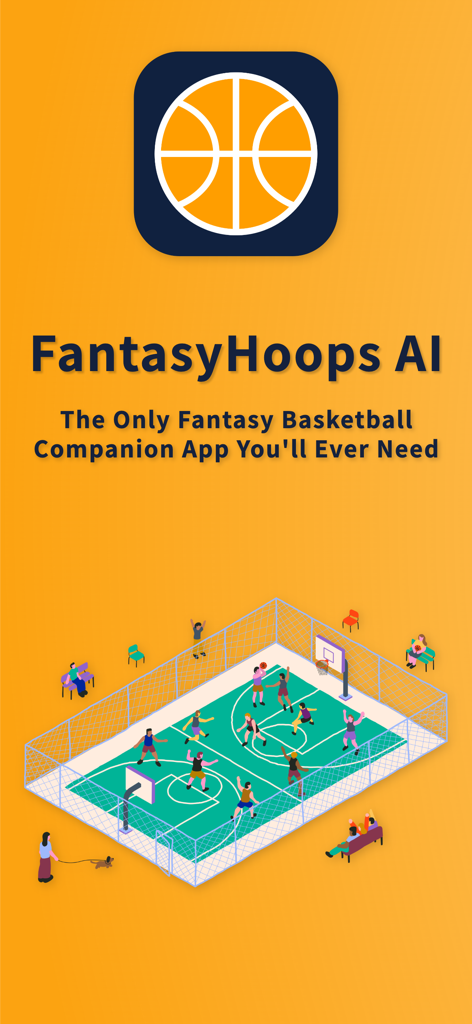 FantasyHoops AI - Tela inicial do FantasyHoops AI apresentando o logotipo do aplicativo e uma ilustração de quadra de basquete isométrica
