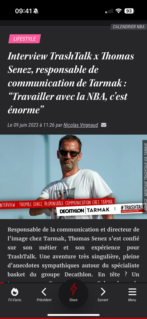 TrashTalk - Actus & vidéos NBA - Interface of the TrashTalk app displaying a lifestyle interview article about the NBA