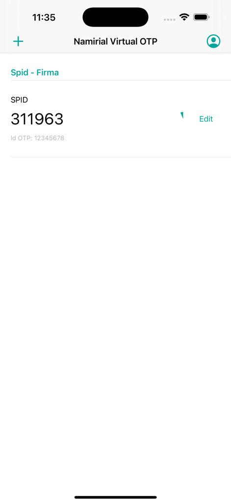 Namirial OTP - Interface de l'application Namiriel OTP affichant un code de sécurité à six chiffres pour l'authentification à deux facteurs.