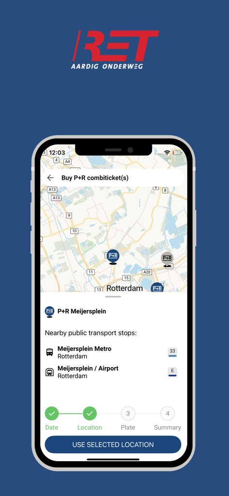 RET - 로테르담에서 복합 티켓을 구매하기 위해 지도에서 파크 앤 라이드 위치를 선택하는 RET 앱 스크린샷
