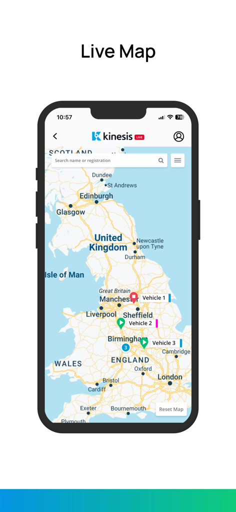 Radius Velocity app live map interface showing real time vehicle locations across the United Kingdom