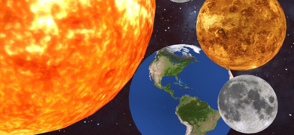 Detailed augmented reality visualization showing the Sun Earth and Moon in deep space