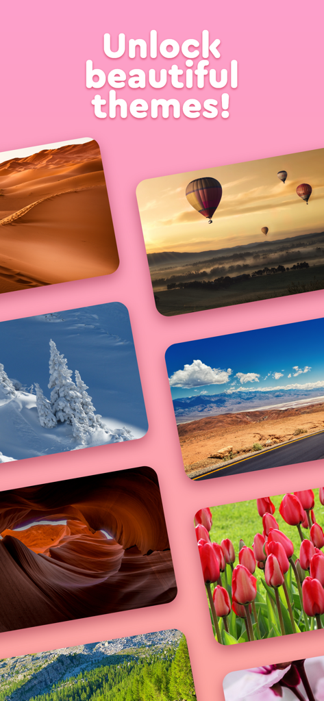 Una colección de hermosos temas de paisajes escénicos que incluyen montañas, desiertos y flores para el juego de puzzle de palabras.