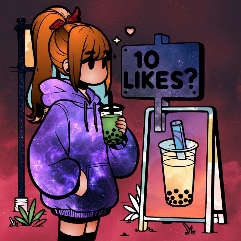 girl with oversized hoodie drinking boba and she has a high ponytail with a sign that says 10likes?