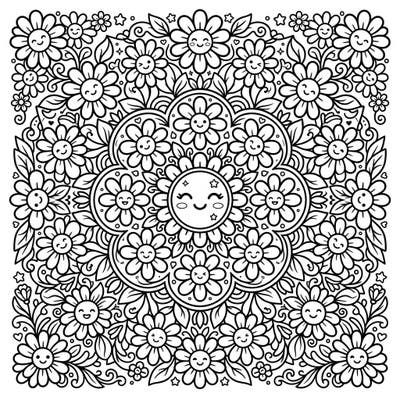 Discover the delightful charm of this Kawaii Daisy Mandala coloring page. Immerse yourself in a world of smiling flowers and intricate patterns, perfect for a relaxing and joyful artistic escape.