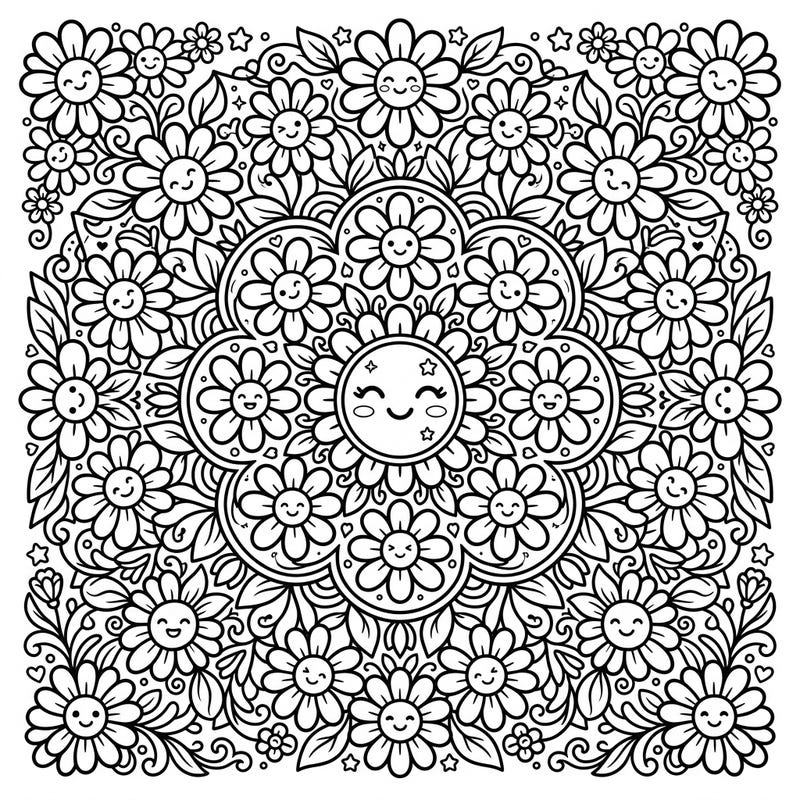 Discover the delightful charm of this Kawaii Daisy Mandala coloring page. Immerse yourself in a world of smiling flowers and intricate patterns, perfect for a relaxing and joyful artistic escape.
