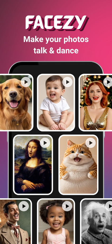 Facezy app interface showing various photos of people and animals animated to talk and dance