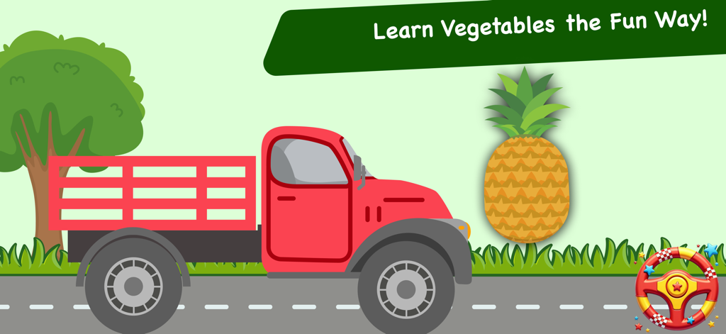 A red truck and a pineapple in an educational vegetable learning mini game for toddlers