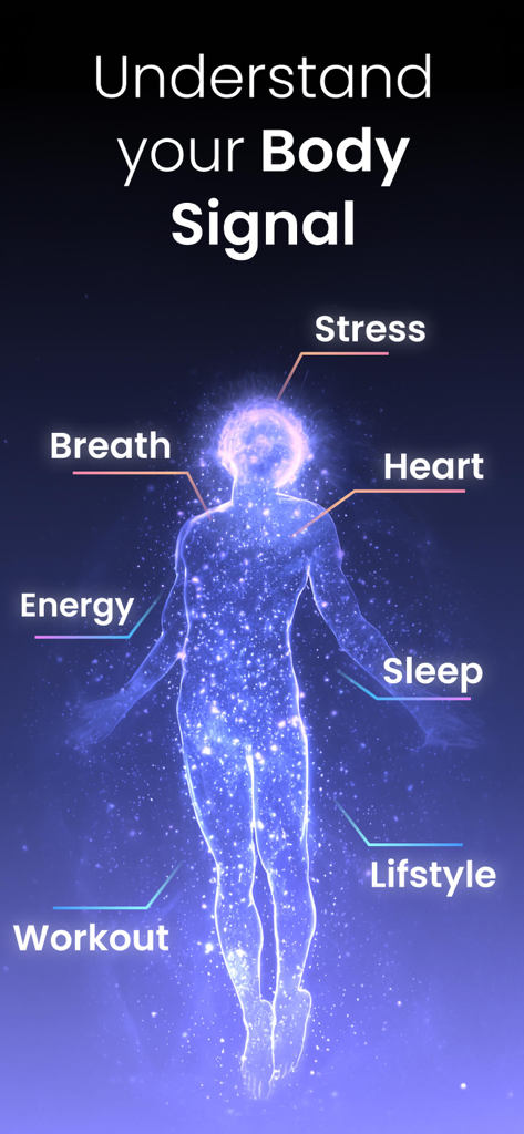 BodyWave: Health Tracker - A glowing human figure illustrating various health metrics like stress heart rate sleep and energy levels for the BodyWave app